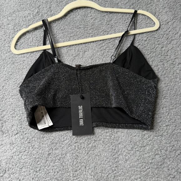 Zara Trafaluc Tank Top Women's Large Black Sparkle Sleeveless Crop Top - Picture 4 of 6